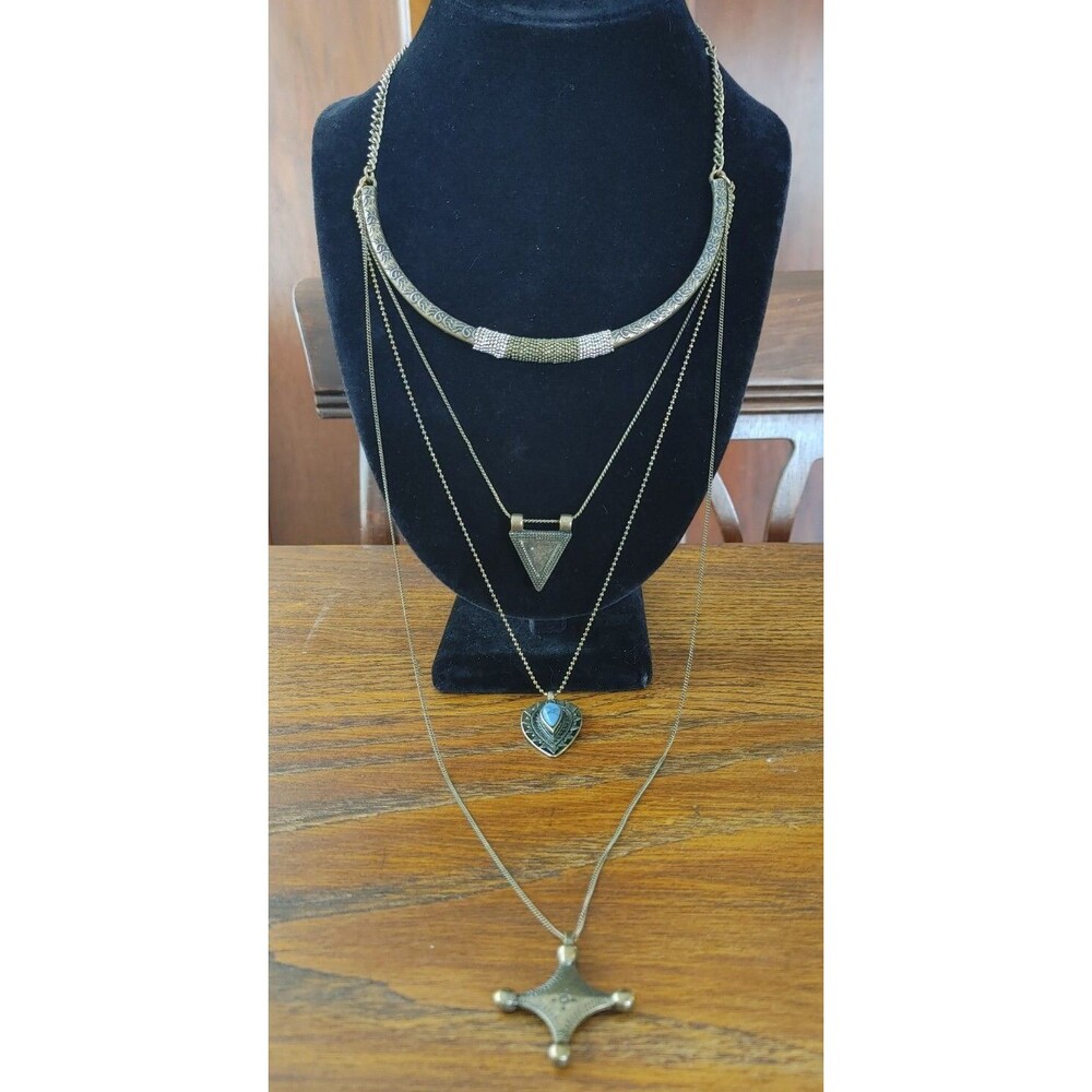 Bar With Triple Drop Chain Layered Silver & Gold Turquoise Statement Vintage
